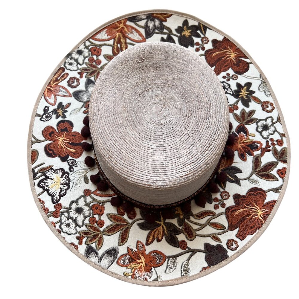 Artesanias Mariposa Hand Embroidered Floral Palm Hat Brown White OS
